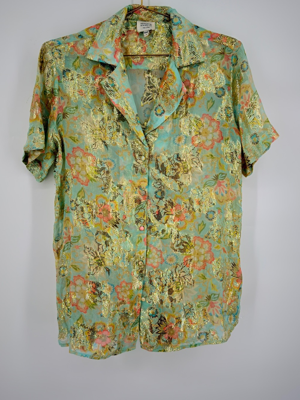 Hemant & Nandita Floral Metallic Gold Button Down Shirt Size S